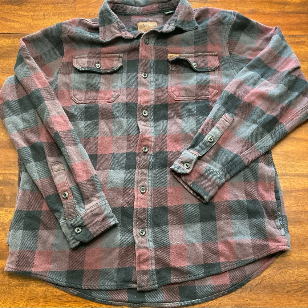 Orvis Dark Red Black Plaid Heavyweight Flannel Button Up Shirt Jacket Men Large